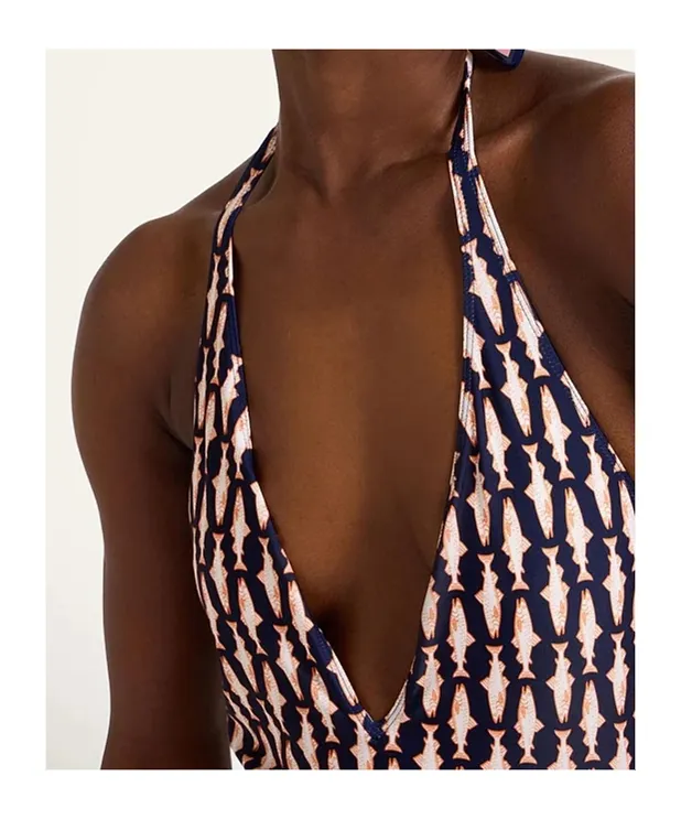 Fish-Print Halter Swimsuit