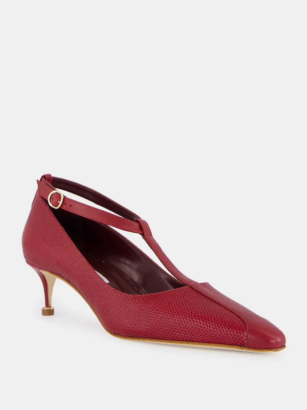 Manolo Blahnik Rosellon T-Strap Leather Kitten Pumps