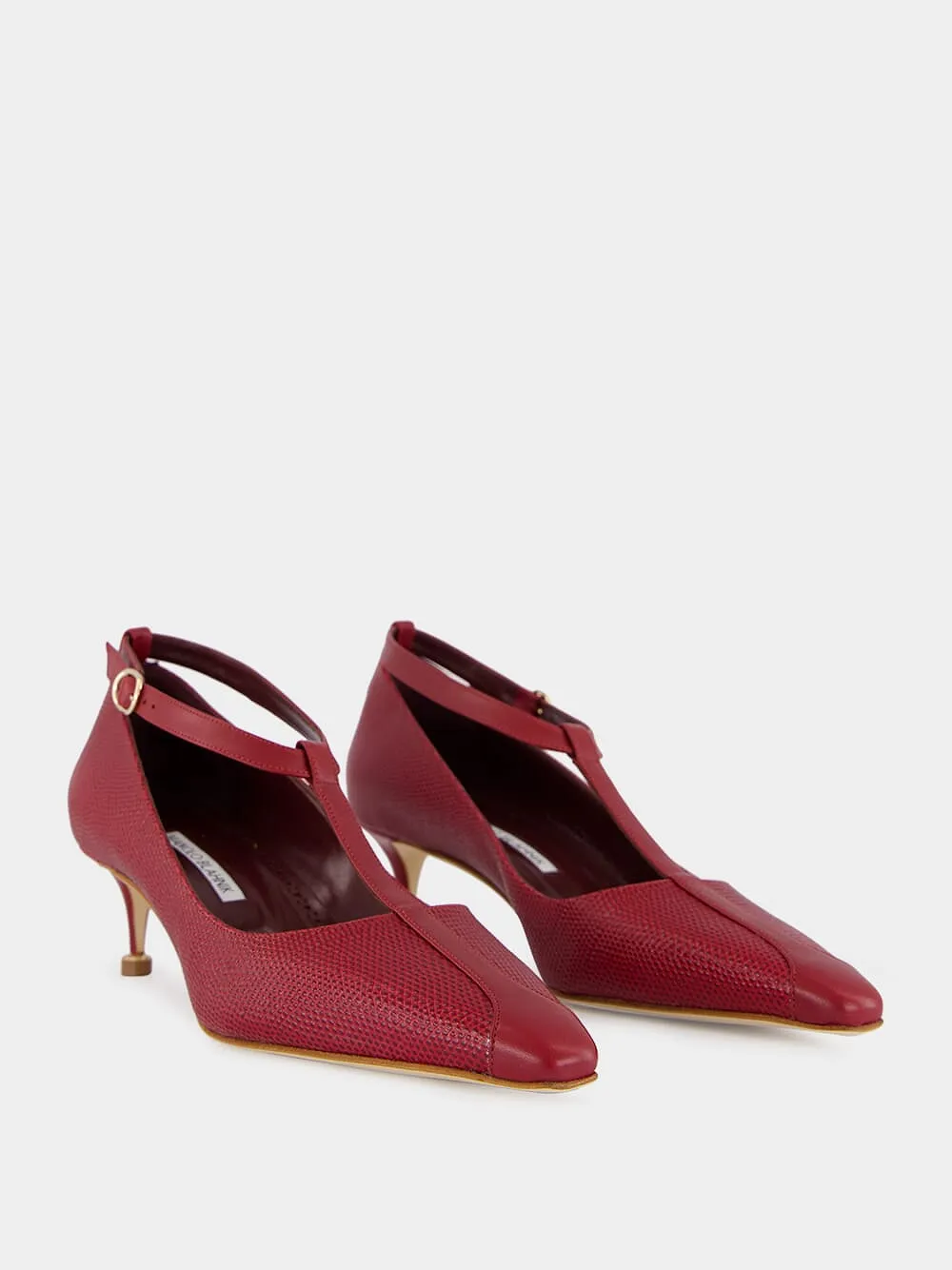 Manolo Blahnik Rosellon T-Strap Leather Kitten Pumps