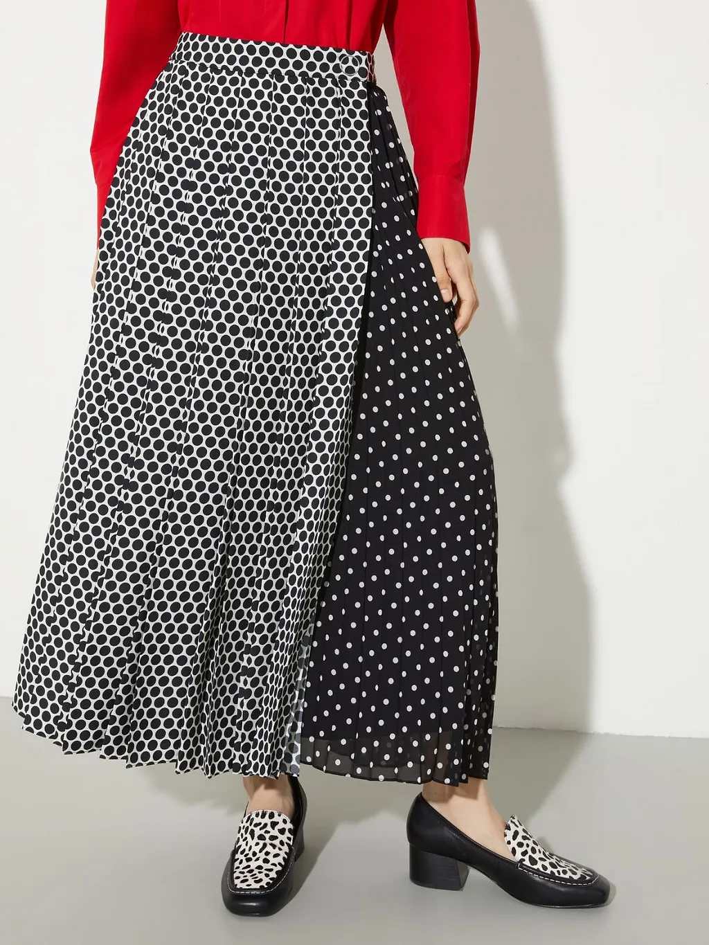Pleated Polka-Dot Wrap Skirt