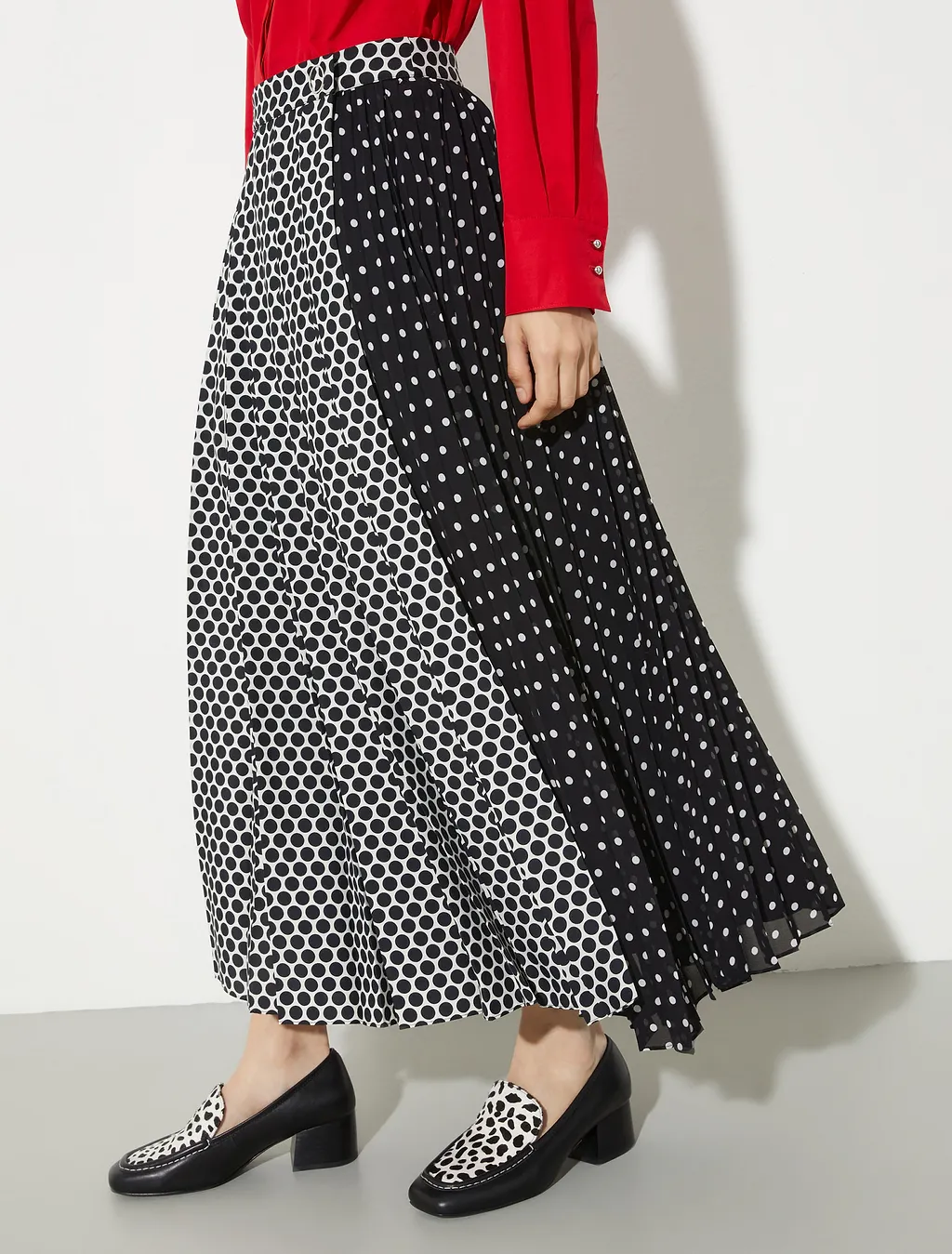 Pleated Polka-Dot Wrap Skirt