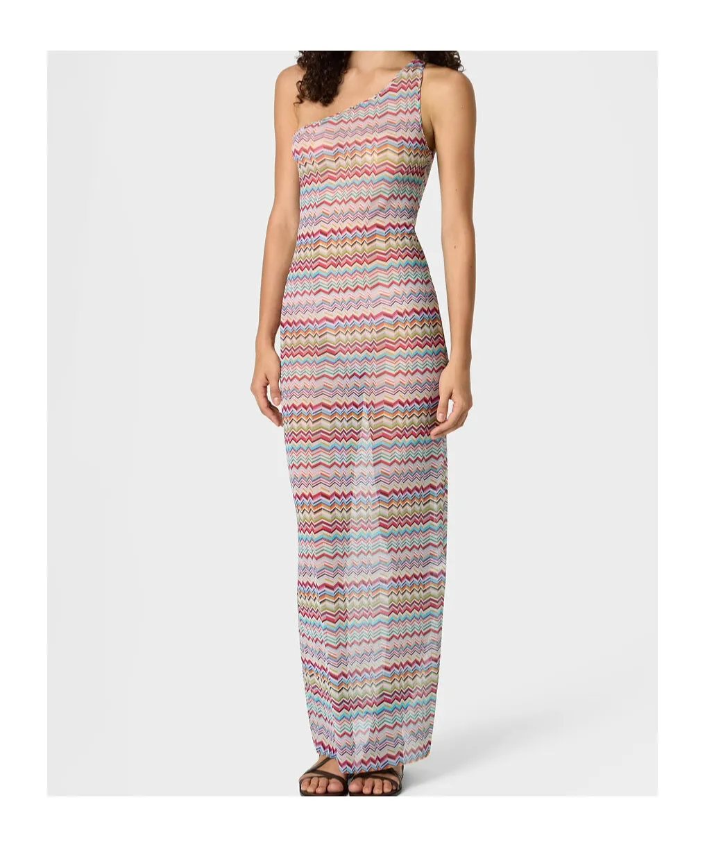 One-Shoulder Cover-Up In Printed Tulle With Zigzag Pattern