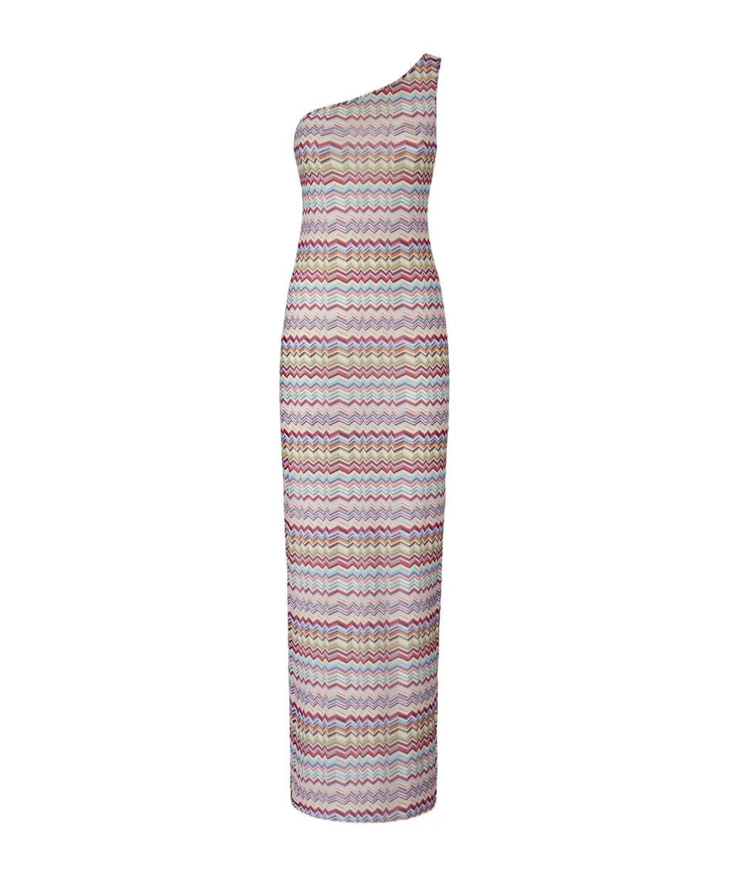 One-Shoulder Cover-Up In Printed Tulle With Zigzag Pattern