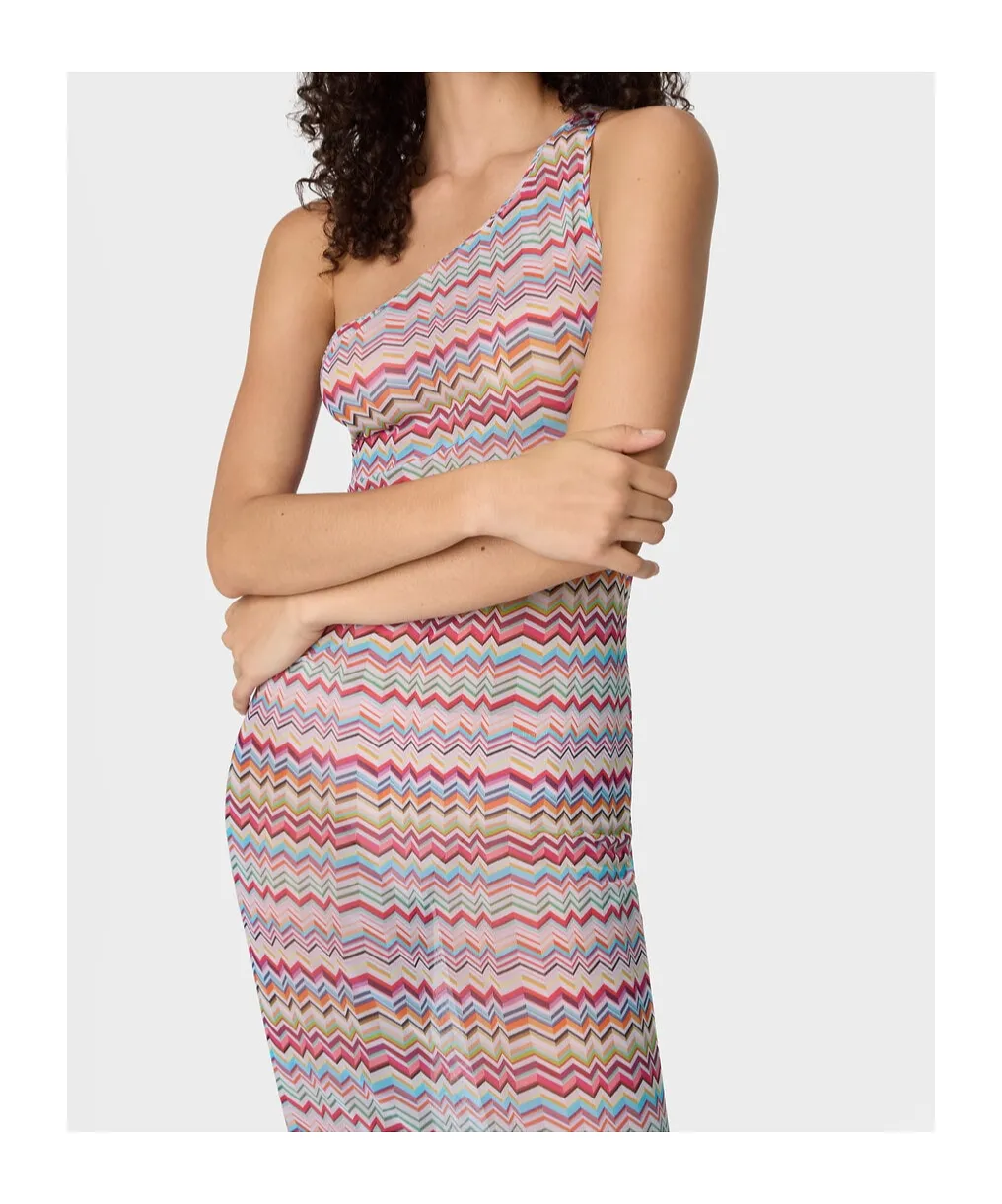 One-Shoulder Cover-Up In Printed Tulle With Zigzag Pattern