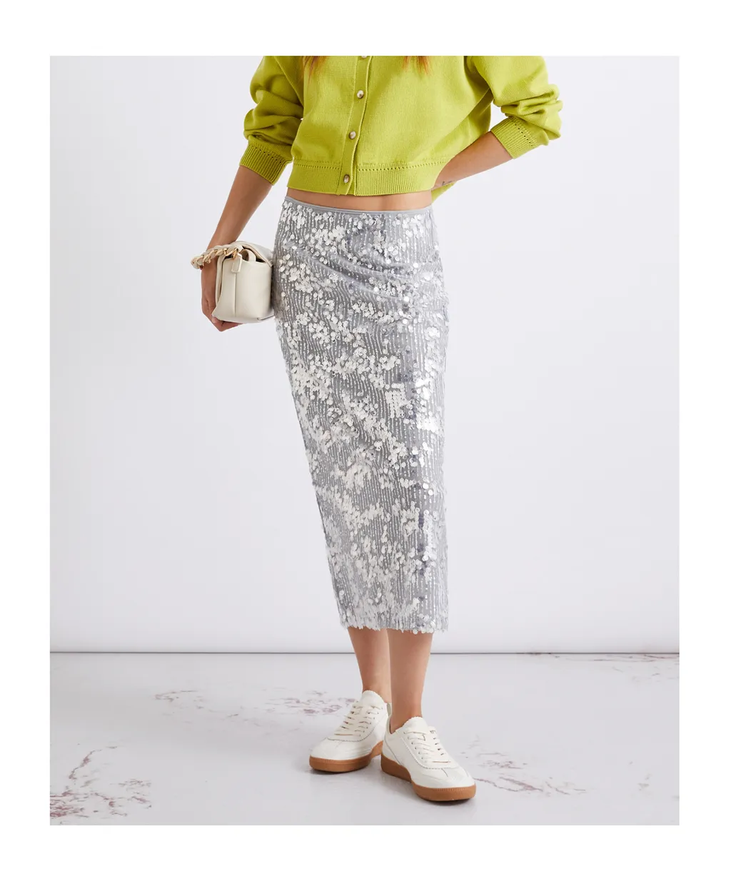Sequinned Midi Skirt - Grey