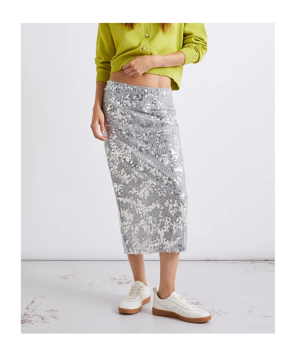 Sequinned Midi Skirt - Grey