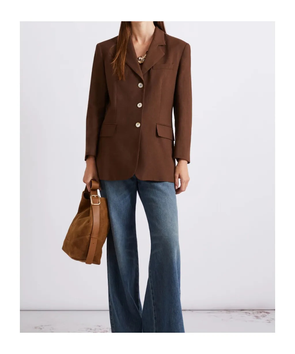 Single-Breasted Linen-Blend Blazer - Brown