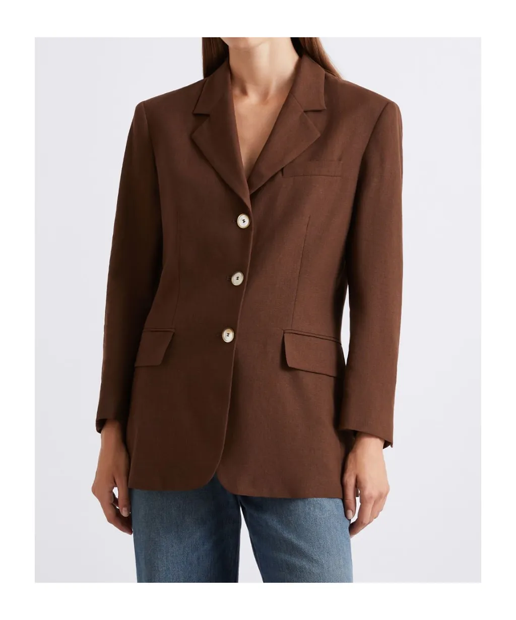 Single-Breasted Linen-Blend Blazer - Brown