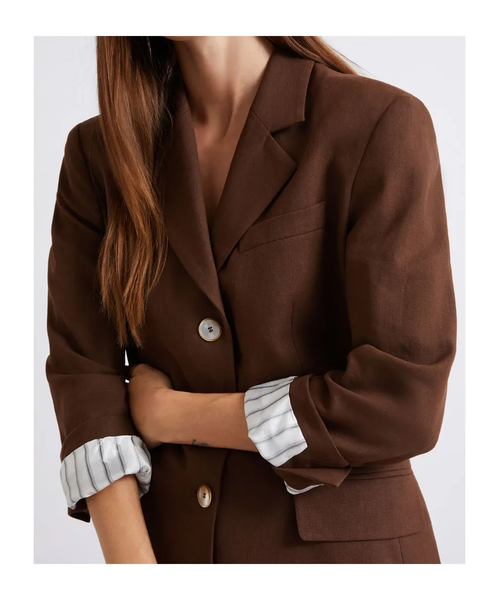 Single-Breasted Linen-Blend Blazer - Brown
