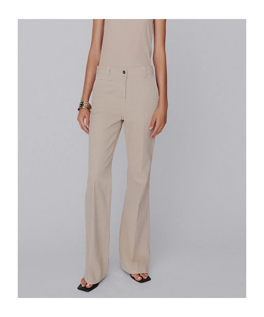Stretch Cotton Wide-Leg Trousers - Beige