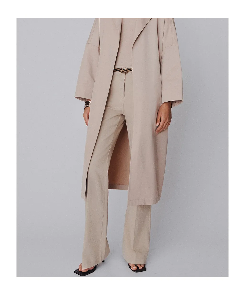 Stretch Cotton Wide-Leg Trousers - Beige