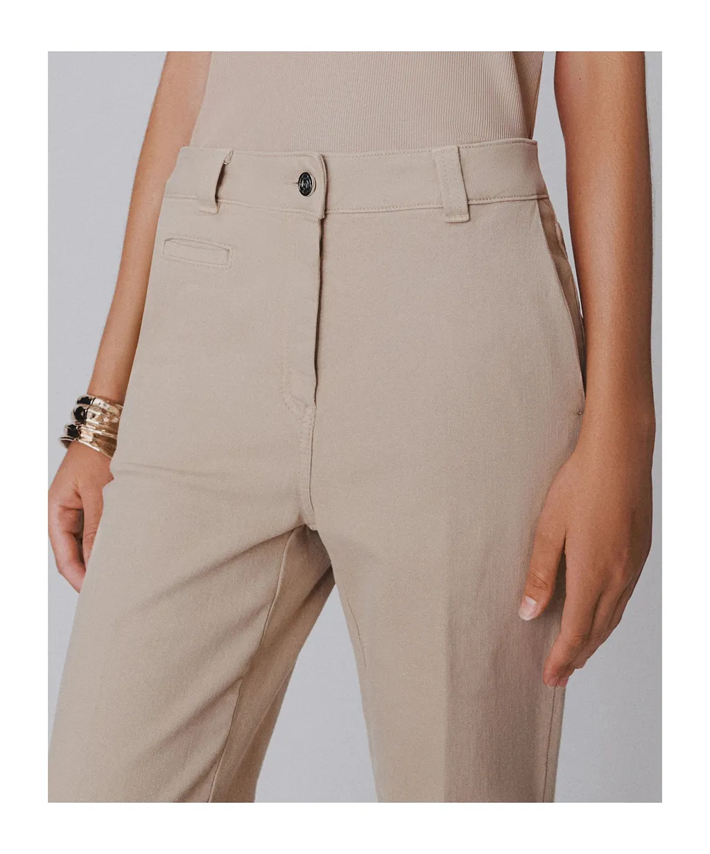 Stretch Cotton Wide-Leg Trousers - Beige