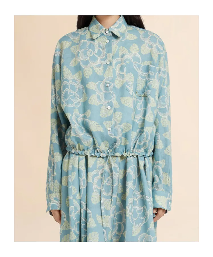 Blue Ramie Drawstring Shirt With Banjo Print