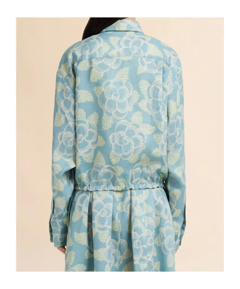 Blue Ramie Drawstring Shirt With Banjo Print