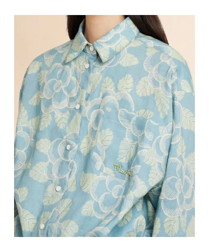 Blue Ramie Drawstring Shirt With Banjo Print