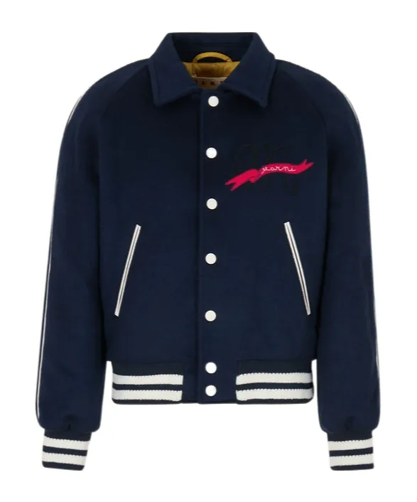 Deep Blue Felt Bomber Jacket With Embroidered Marni Flag Patch