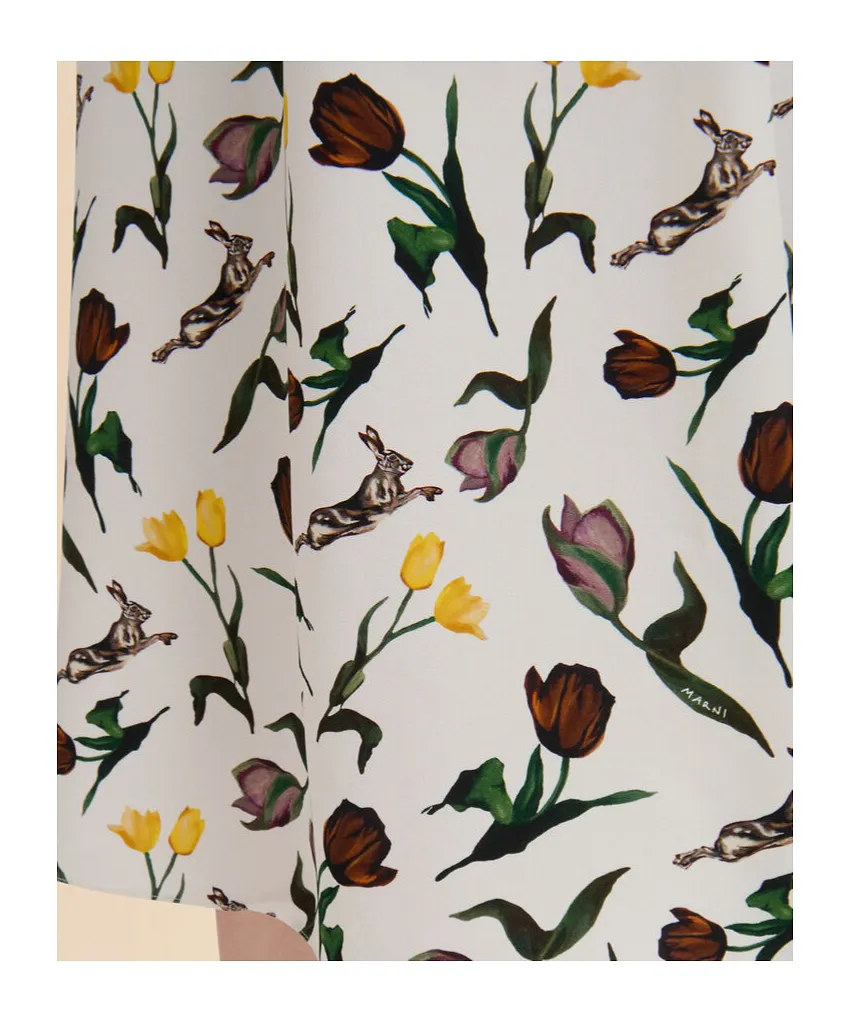 Cream Envers Satin Dress With Tulips And Hares Print