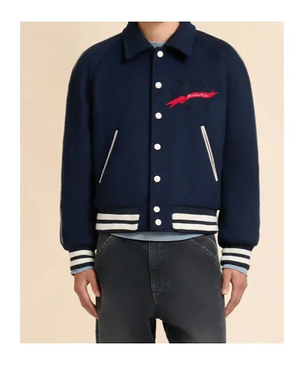 Deep Blue Felt Bomber Jacket With Embroidered Marni Flag Patch