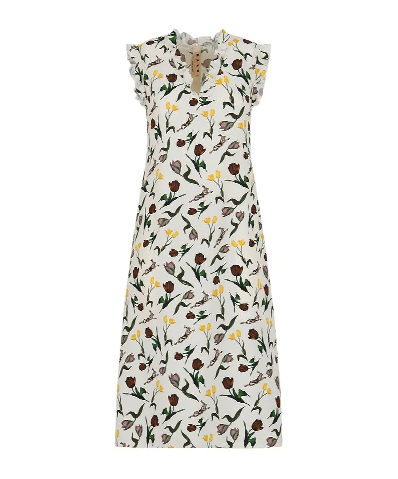 Cream Envers Satin Dress With Tulips And Hares Print