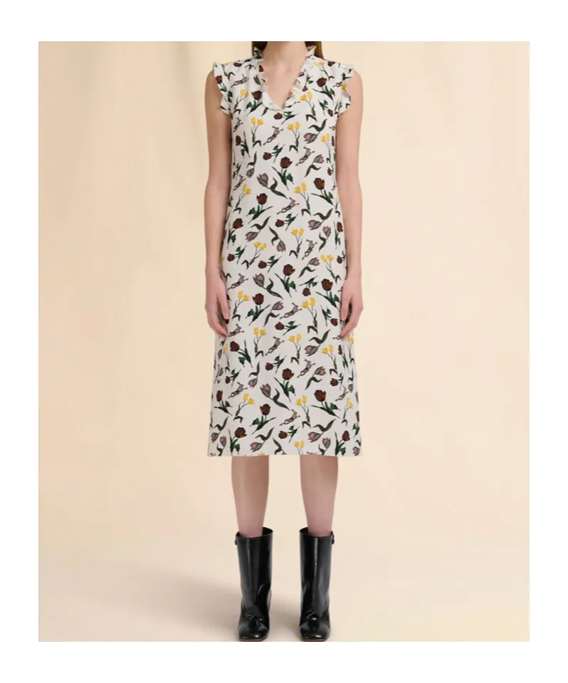 Cream Envers Satin Dress With Tulips And Hares Print