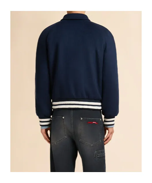 Deep Blue Felt Bomber Jacket With Embroidered Marni Flag Patch