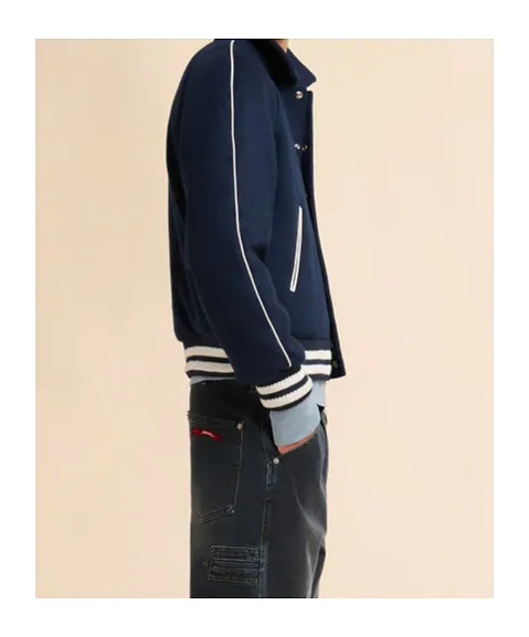 Deep Blue Felt Bomber Jacket With Embroidered Marni Flag Patch