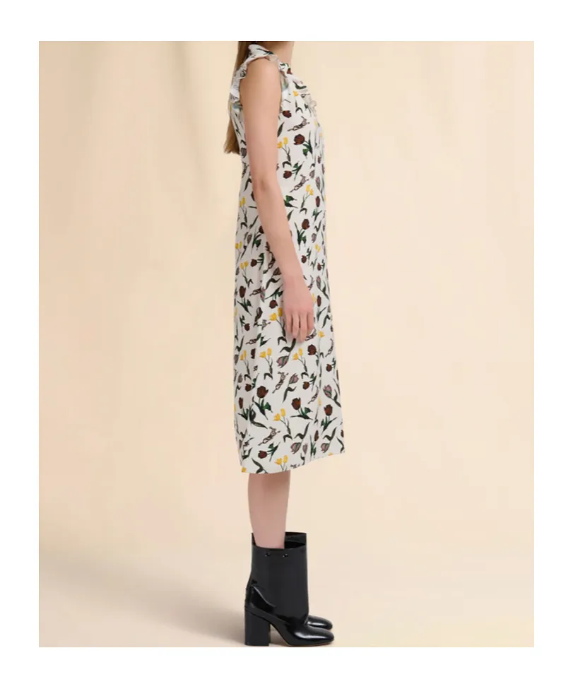 Cream Envers Satin Dress With Tulips And Hares Print