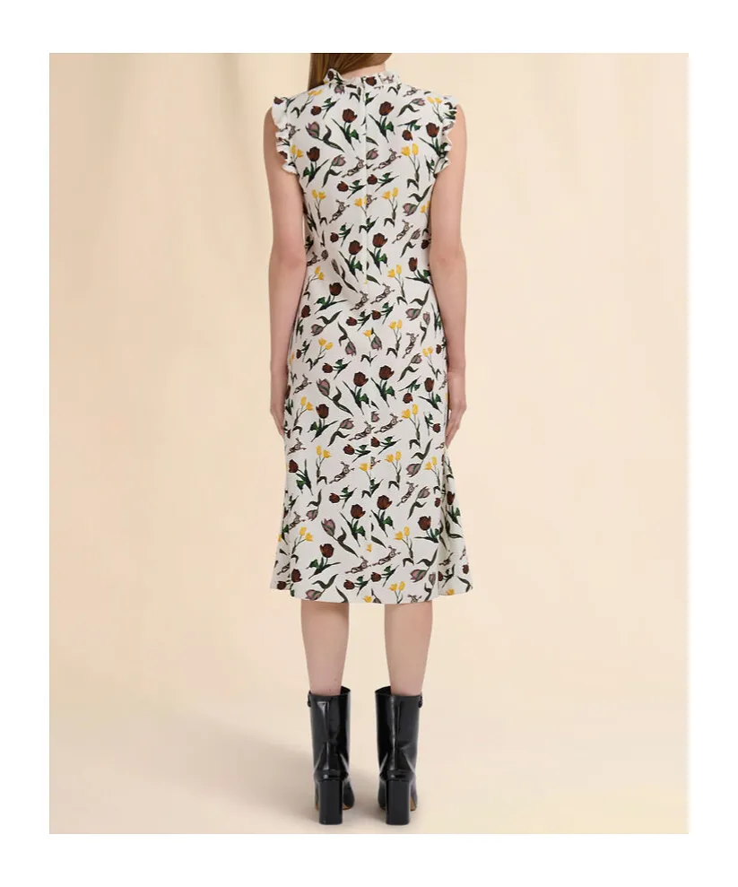 Cream Envers Satin Dress With Tulips And Hares Print