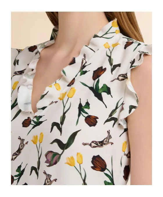 Cream Envers Satin Dress With Tulips And Hares Print