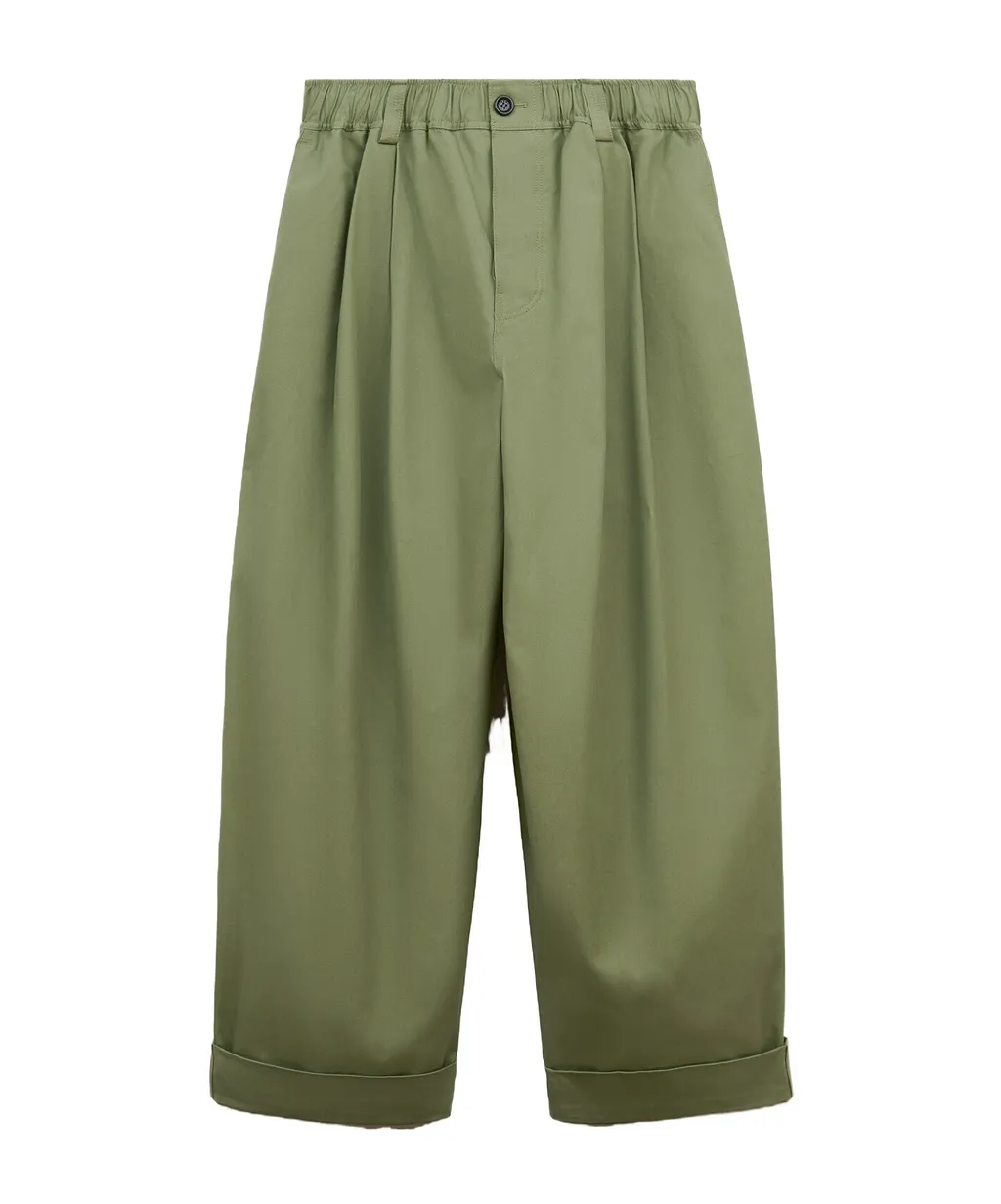 Green Canvas Trousers With Pleats