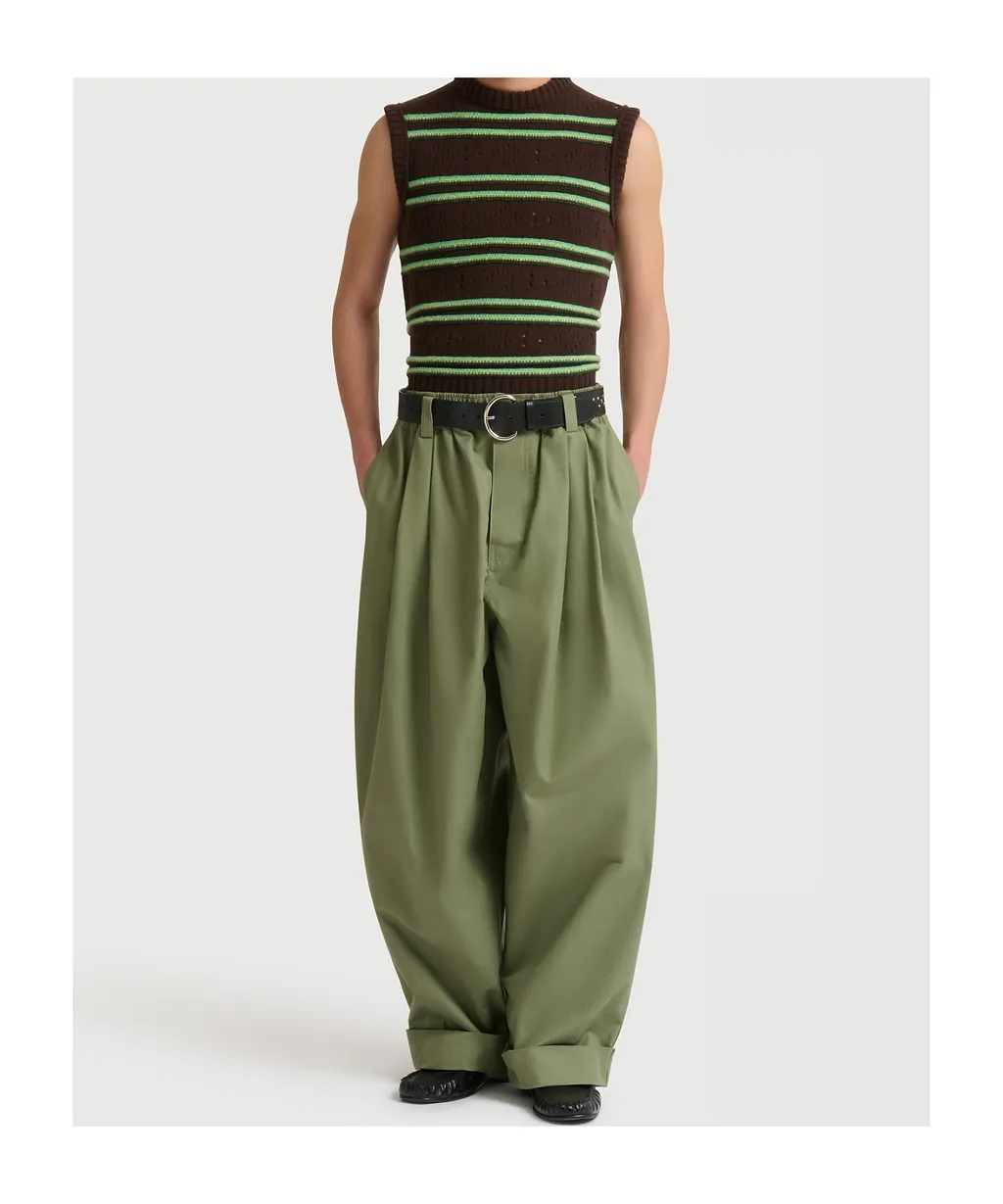 Green Canvas Trousers With Pleats