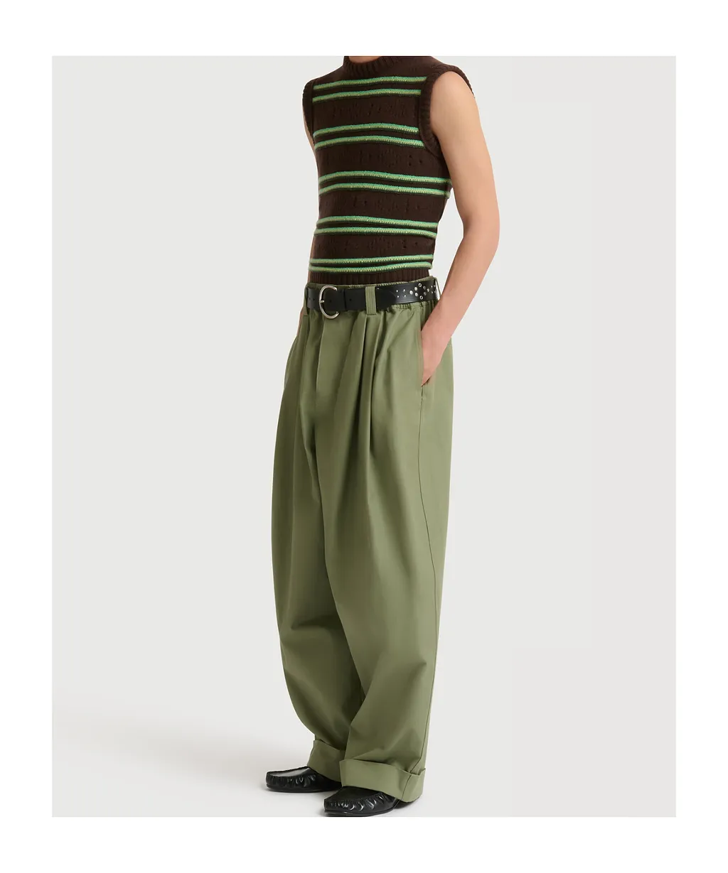 Green Canvas Trousers With Pleats