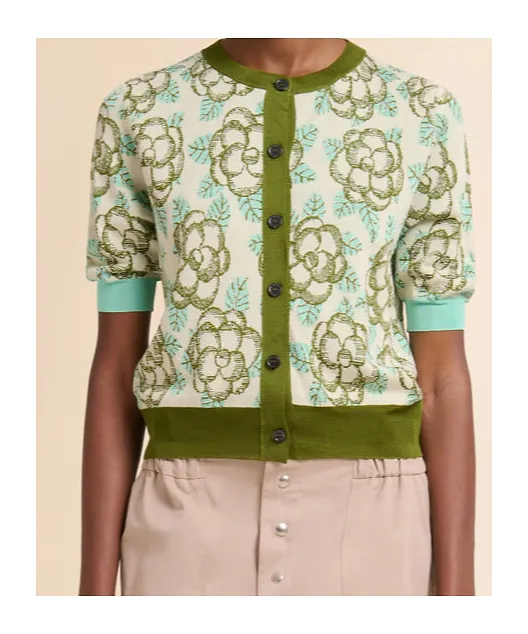 Green Cotton-Viscose Cardigan With Banjo Pattern