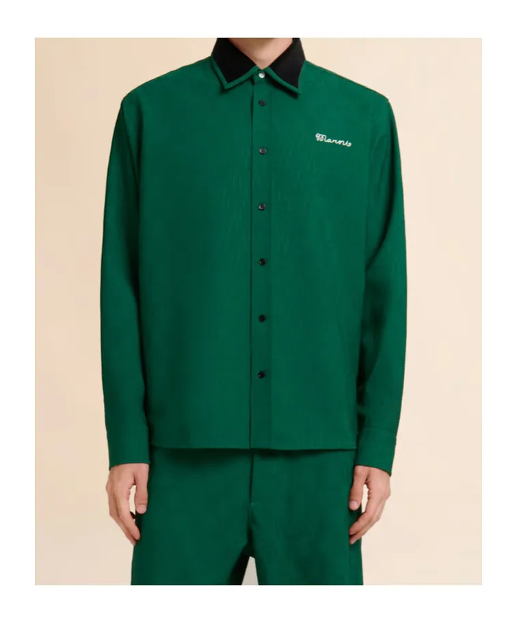 Green Jacquard Wool Shirt With Geometric Motif