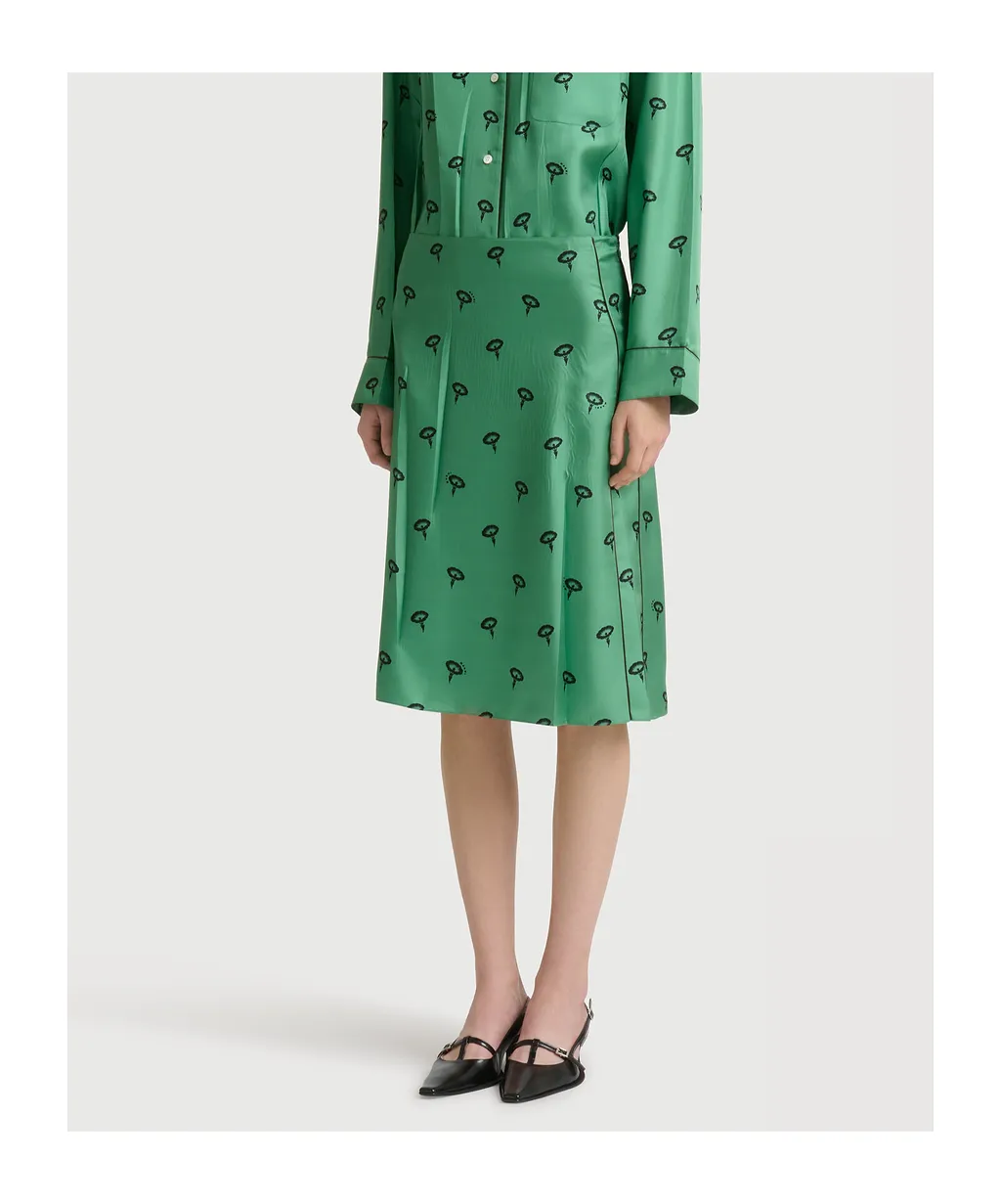 Green Silk Twill Midi Skirt With Floral Print