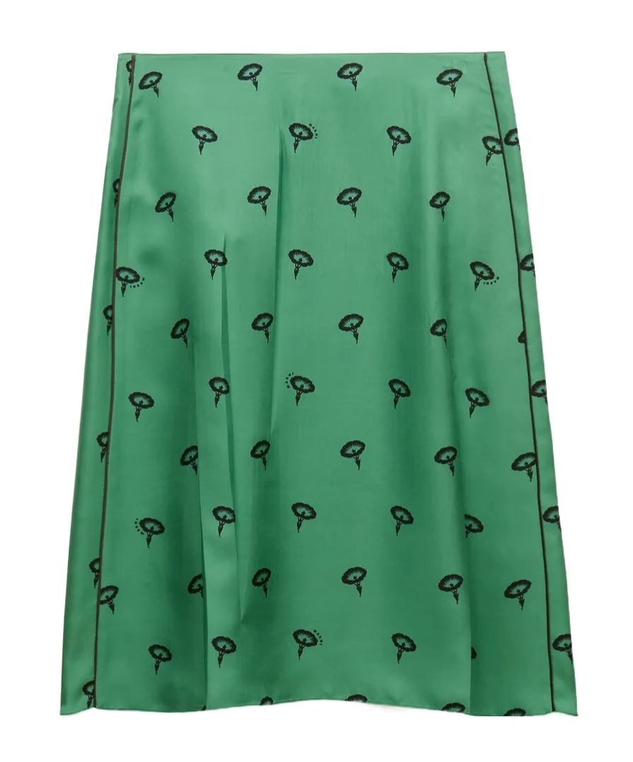 Green Silk Twill Midi Skirt With Floral Print