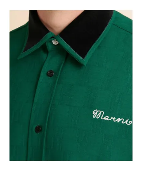 Green Jacquard Wool Shirt With Geometric Motif