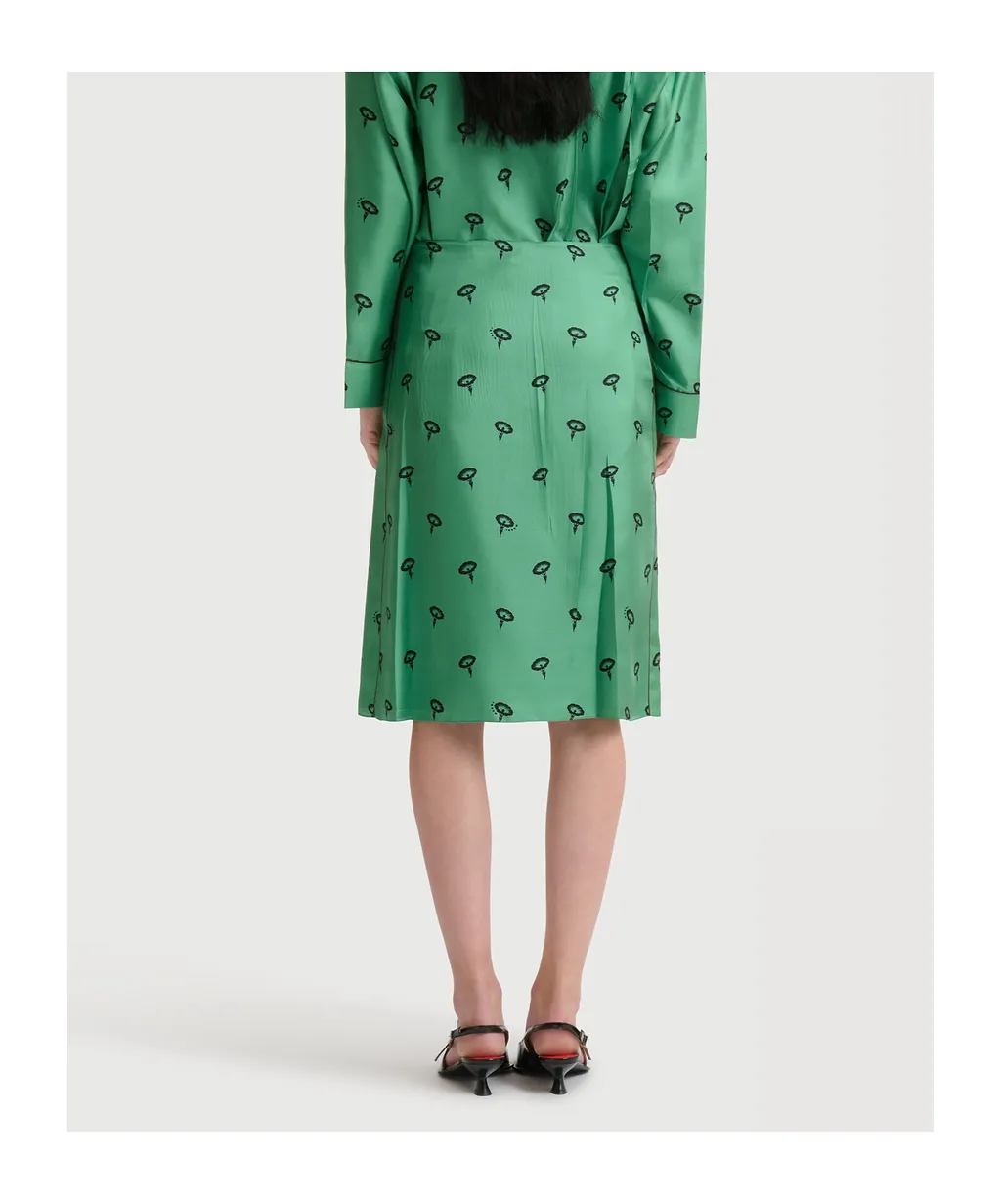 Green Silk Twill Midi Skirt With Floral Print