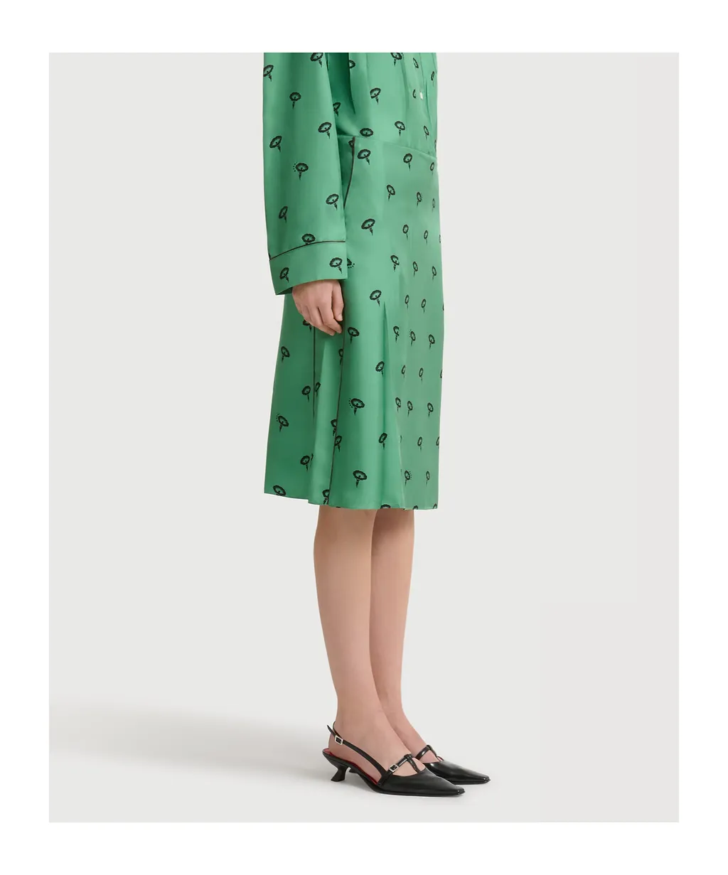 Green Silk Twill Midi Skirt With Floral Print