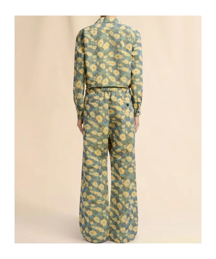 Green Linen Blend Trousers With Floral Print