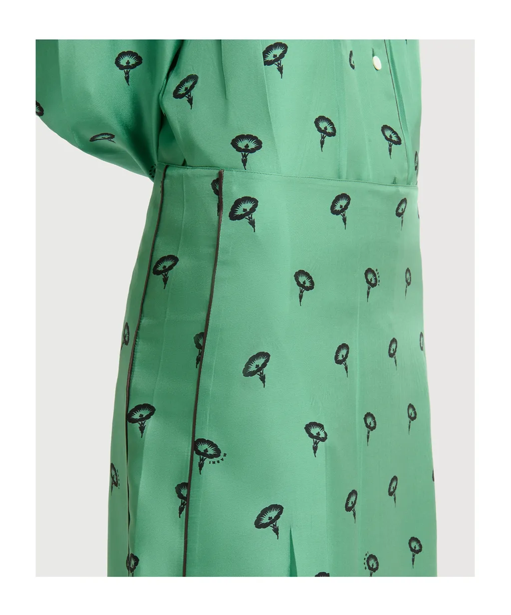 Green Silk Twill Midi Skirt With Floral Print