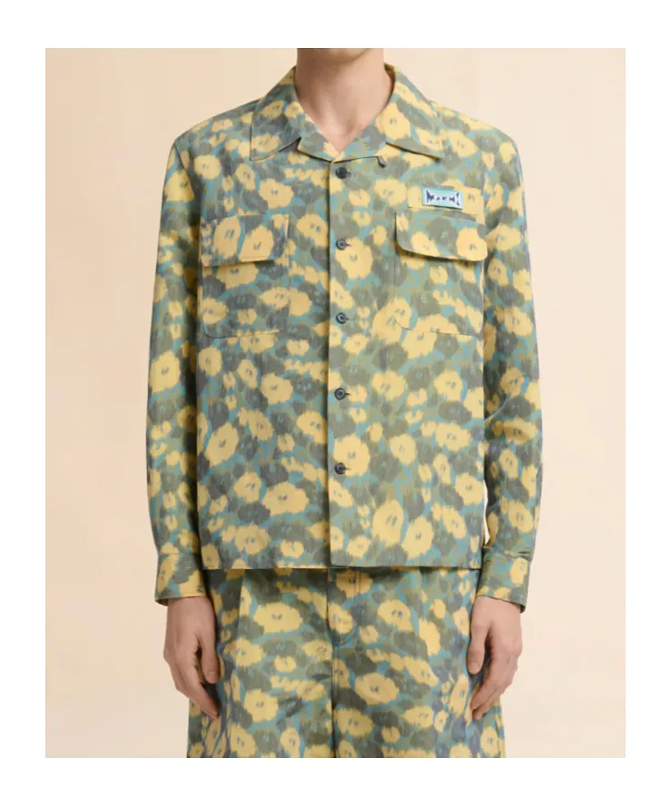 Green Linen Blend Shirt With Floral Print