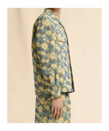 Green Linen Blend Shirt With Floral Print