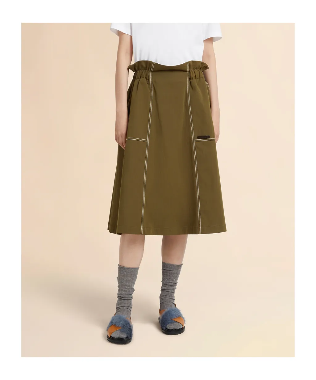 Green Gabardine Midi Skirt With Paperbag Waist