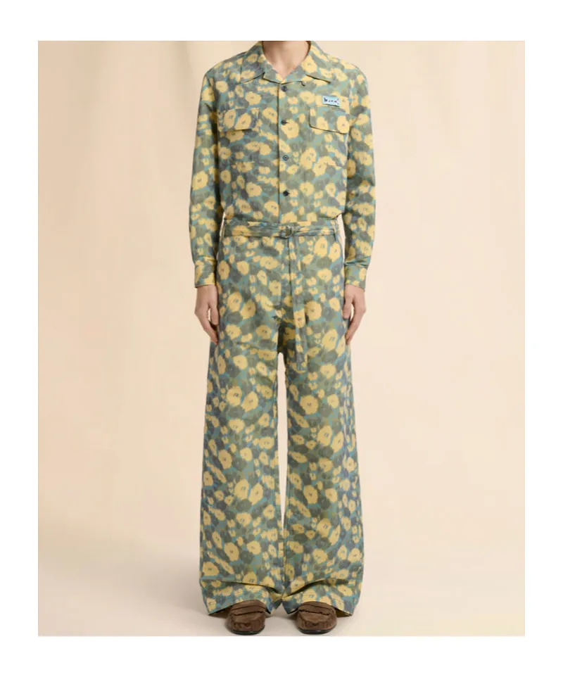 Green Linen Blend Trousers With Floral Print