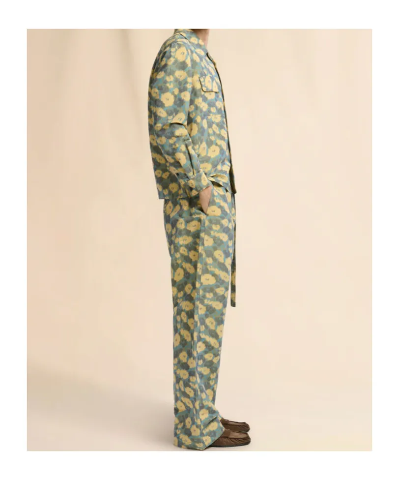 Green Linen Blend Trousers With Floral Print
