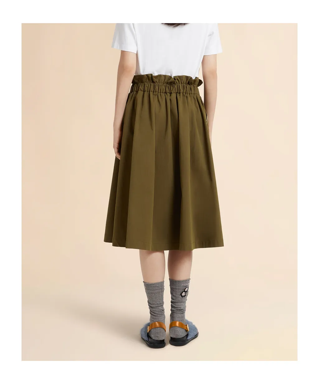 Green Gabardine Midi Skirt With Paperbag Waist