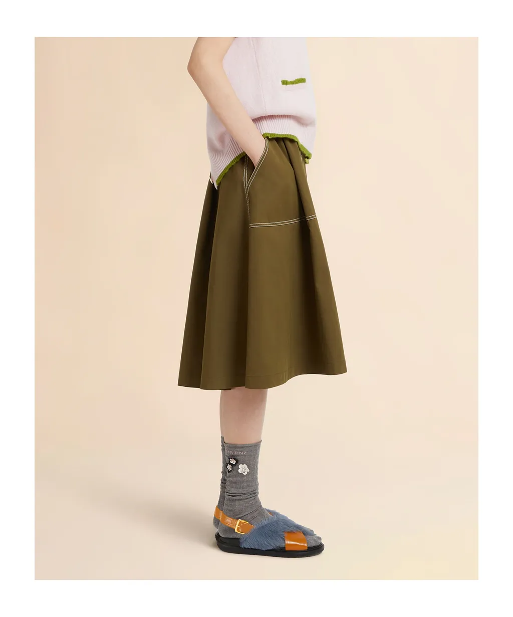Green Gabardine Midi Skirt With Paperbag Waist