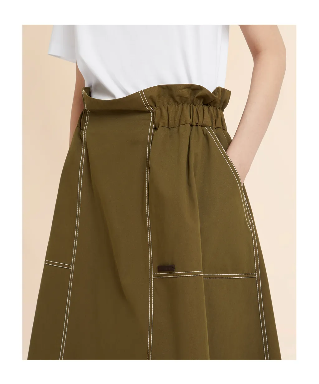 Green Gabardine Midi Skirt With Paperbag Waist