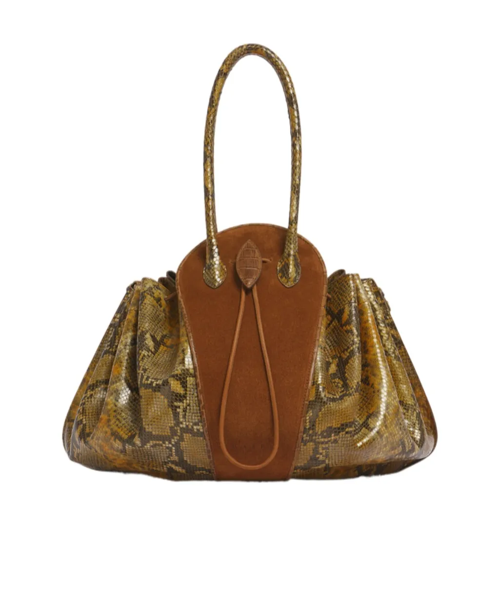 Brown Suede And Python-Print Leather Tulipea Large Handbag